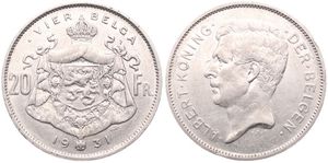 Belgium, Kingdom, Albert I, 20 Francs (4 Belgas) Nickel 1931FL (Position A), Head left, Morin 377a, XF