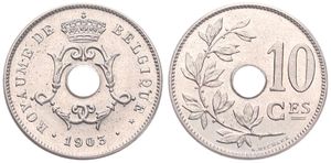 Belgium, Kingdom, Leopold II, 10 Centimes Copper-Nickel 1903FR, Center hole within crowned monogram, Morin 260, SCARCER DATE, UNC