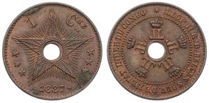 Congo Free State, Royal Domain, Leopold II, 1 Centime Copper 1887, Center hole flanked by crowned monograms within beaded circle, KM 1, XF