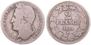 Belgium, Kingdom, Leopold I, 2 Francs Silver 1844, Laureate head left, Morin 21a (Position A), RARE, A.Fine
