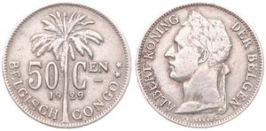 Belgian Congo, Colony, Albert I, 50 Centimes Copper-Nickel 1929/28, Laureate head of the King left, KM 23 Flemish Legend, RARE KEY DATE & OVERSTRIKE in VF
