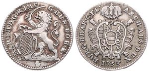 Austrian Netherlands, Maria Theresia, 1 Escalin Silver 1753(h) R, Rampant lion holding sword and shield, KM 15 Antwerp, A.XF