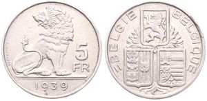 Belgium, Kingdom, Leopold III, 5 Francs Nickel 1939FL/FR (Position B), Seated lion right looking left, Morin 457d, RARE VARIETY, (Edge lettering with CROWN !), XF