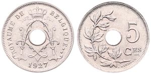 Belgium, Kingdom, Albert I, 5 Centimes Copper-Nickel 1927FR, Center hole within crowned monogram, Morin 369, UNC