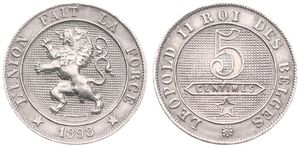 Belgium, Kingdom, Leopold II, 5 Centimes Copper-Nickel 1898FR, Rampant lion within circle left, Morin 248, A.UNC