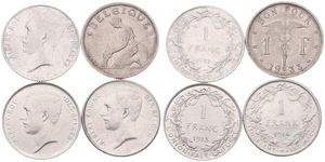 Belgium, Kingdom, Albert I, Good lot with 4 different 1 Franc silver & nickel coins in various grades including better items or grades...