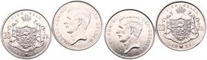 Belgium, Kingdom, Albert I, 2 x 20 Francs (4 Belgas) 1932FL Position A & B, Head left, Morin 379a & 379b, XF 