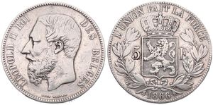 Belgium, Kingdom, Leopold II, 5 Francs Silver 1866, Bearded head left, Morin 153, RARE KEY DATE !, Fine (cleaned)
