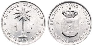 Ruanda-Urundi, Province, Baudouin I, 1 Franc Aluminum 1957, Oil palm divides denomination, KM 4, A.UNC
