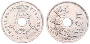 Belgium, Kingdom, Leopold II, 5 Centimes Copper-Nickel 1902FR, Center hole within crowned monogram, Morin 269, UNC