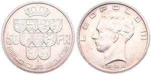 Belgium, Kingdom, Leopold III, 50 Francs Silver 1939FR/FL (Position B), Crown above nine shields, Morin 444b, XF/AU