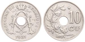 Belgium, Kingdom, Albert I, 10 Centimes Nickel-Brass 1931FR, Center hole within crowned monogram, Morin 426b, RARE VARIETY : LARGE 3 OVER SMALL 3 IN DATE, A.VF