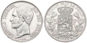 Belgium, Kingdom, Leopold I, 5 Francs Silver 1853, Bare head left, Morin 43, XF