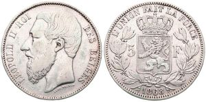 Belgium, Kingdom, Leopold II, 5 Francs Silver 1868, Bearded head left, Morin 167, VERY RARE VARIETY WITH ENGRAVER'S NAME BELOW TRUNCATION !, A.VF