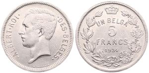 Belgium, Kingdom, Albert I, 5 Francs (1 Belga) Nickel 1934FR (Position A), Head left, Morin 390a, RARE KEY DATE, XF