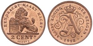 Belgium, Kingdom, Albert I, 2 Centimes Copper 1912FL, Seated lion with tablet, Morin 313, UNC