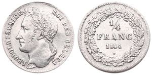 Belgium, Kingdom, Leopold I, 1/4 Franc Silver 1844, Laureate head left, Morin 38, VF