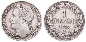 Belgium, Kingdom, Leopold I, 1 Franc Silver 1844, Laureate head left, Morin 27a, VARIETY WITH WIDE REEDED EDGE, VF+