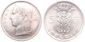 Belgium, Kingdom, Baudouin I, 5 Francs Copper-Nickel 1964FL, Head of Ceres left, Morin 561, UNC !