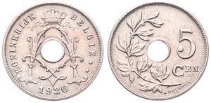 Belgium, Kingdom, Albert I, 5 Centimes Copper-Nickel 1920/10FL, Center hole within crowned monogram, Morin 359a, UNC