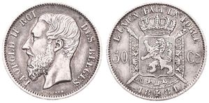 Belgium, Kingdom, Leopold II, 50 Centimes Silver 1881/61FR, Bearded head left, Morin 183a, RARE DATE, A.XF 