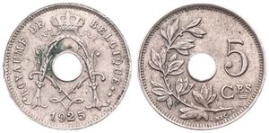Belgium, Kingdom, Albert I, 5 Centimes Copper-Nickel 1925FR, Center hole within crowned monogram, Morin 366, SCARCE VARIETY WITH DOUBLE 2 IN DATE !, VF