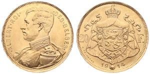Belgium, Kingdom, Albert I, 20 Francs Gold 1914FR, Uniformed bust left, Morin 281a (Postion A), XF (*)