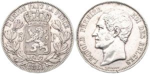 Belgium, Kingdom, Leopold I, 5 Francs Silver 1865/55, Bare head left, Morin 45a, VF (cleaned)