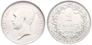 Belgium, Kingdom, Albert I, 2 Francs Silver 1910FR, Head left, Morin 283, XF