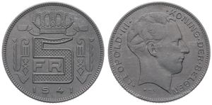 Belgium, Kingdom, Leopold III, 5 Francs Zinc 1941FL, Head right, Morin 471, A.UNC