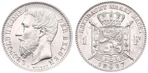 Belgium, Kingdom, Leopold II, 1 Franc Silver 1887FL, Bearded head left, Morin 179a, VARIETY WITHOUT DOT IN ENGRAVERS NAME, UNC