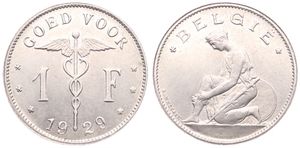Belgium, Kingdom, Albert I, 1 Franc Nickel 1929FL, Kneeling woman left, Morin 403, UNC