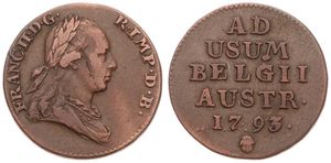 Austrian Netherlands, Franz II, 1 Liard Copper 1793(b), Laureate bust right, KM 56 Brussels, A.VF