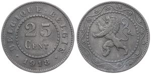 Belgium, Kingdom, Albert I, 25 Centimes Zinc 1918FR/FL, German Occupation - Rampant lion within circle, Morin 436, A.XF