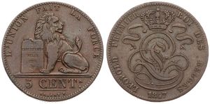 Belgium, Kingdom, Leopold I, 5 Centimes Copper 1847, Seated lion with tablet, Morin 74, VARIETY WITH CURSIVE N IN CENT, VF