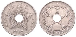 Belgian Congo, Colony, Albert I, 10 Centimes Copper-Nickel 1922/21, Center hole flanked by crowned monograms within beaded circle, KM 18, SCARCE OVERSTRIKE, VF