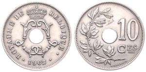 Belgium, Kingdom, Leopold II, 10 Centimes Copper-Nickel 1902/01FR, Center hole within crowned monogram, Morin 258a, SCARCE OVERSTRIKE, XF