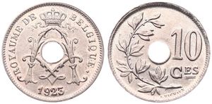 Belgium, Kingdom, Albert I, 10 Centimes Copper-Nickel 1923FR, Center hole within crowned monogram, Morin 342, UNC