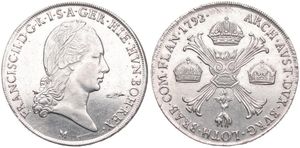 Austrian Netherlands, Franz II, 1 Kronenthaler Silver 1792M, Laureate head right / Floriated cross with 3 crowns & Golden Fleece, KM 239 Milan, RARE, XF (cleaned)