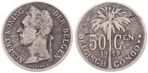 Belgian Congo, Colony, Albert I, 50 Centimes Copper-Nickel 1929/28, Laureate head of the King left, KM 23 Flemish Legend, RARE KEY DATE & OVERSTRIKE, Fine