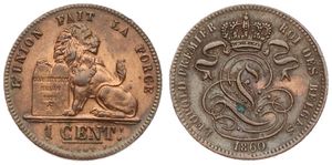 Belgium, Kingdom, Leopold I, 1 Centime Copper 1860, Seated lion with tablet, Morin 128, XF/AU