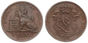 Belgium, Kingdom, Leopold I, 1 Centime Copper 1836/32, Seated lion with tablet, Morin 116a, A.XF
