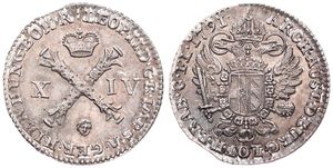 Austrian Netherlands, Leopold II, 14 Liards Silver 1791(b), Burgundian cross divides value / Crowned imperial double eagle, KM 39 Brussels, XF/AU