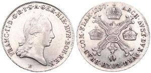 Austrian Netherlands, Franz II, 1/4 Kronenthaler Silver 1797B, Laureate head right / Floriated cross with 3 crowns & Golden Fleece, KM 60 Kremnitz, VF