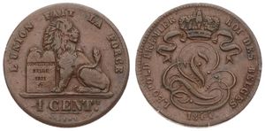Belgium, Kingdom, Leopold I, 1 Centime Copper 1844, Seated lion with tablet, Morin 117, SCARCE DATE, VF