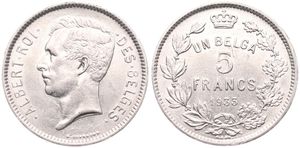 Belgium, Kingdom, Albert I, 5 Francs (1 Belga) Nickel 1933FR (Position A), Head left, Morin 388a, XF/AU