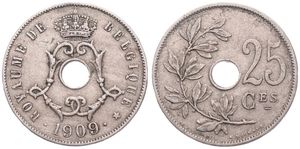 Belgium, Kingdom, Leopold II, 25 Centimes Copper-Nickel 1909/08FR, Center hole within crowned monogram, Morin 256a, SCARCE OVERSTRIKE, VF