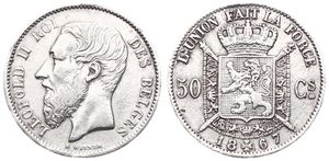 Belgium, Kingdom, Leopold II, 50 Centimes Silver 1867FR, Bearded head left, Morin 181, SCARCER DATE, VF