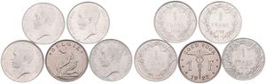 Belgium, Kingdom, Albert I, Good lot with 5 different 1 Franc silver & nickel coins in various grades including better items or grades...