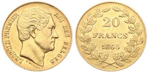 Belgium, Kingdom, Leopold I, 20 Francs Gold 1865, Bare head right, Morin 6c (Position B), XF (*)